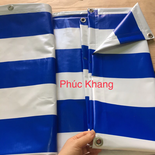 Bạt mái hiên sọc trắng xanh có ép biên và đóng 